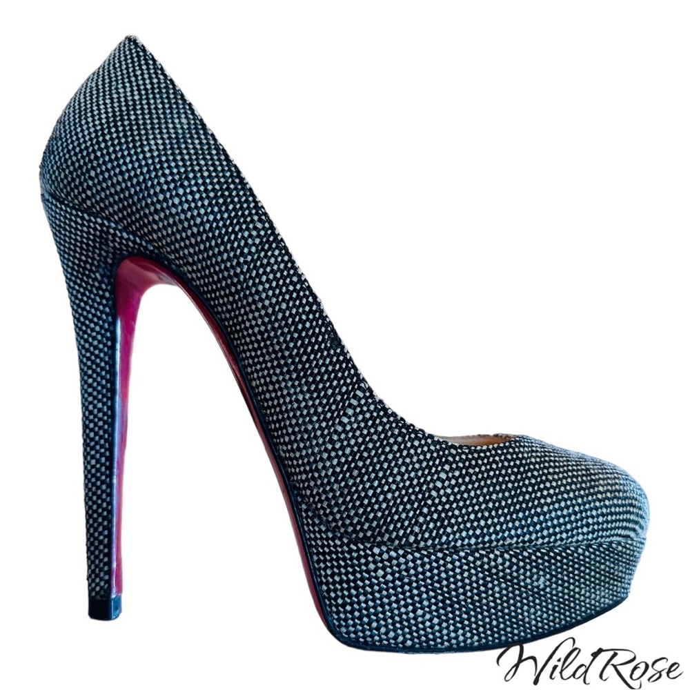 CHRISTIAN LOUBOUTIN Black/Natural WOVEN TWEED BIANCA JUTA Platform Heels SZ 38.5